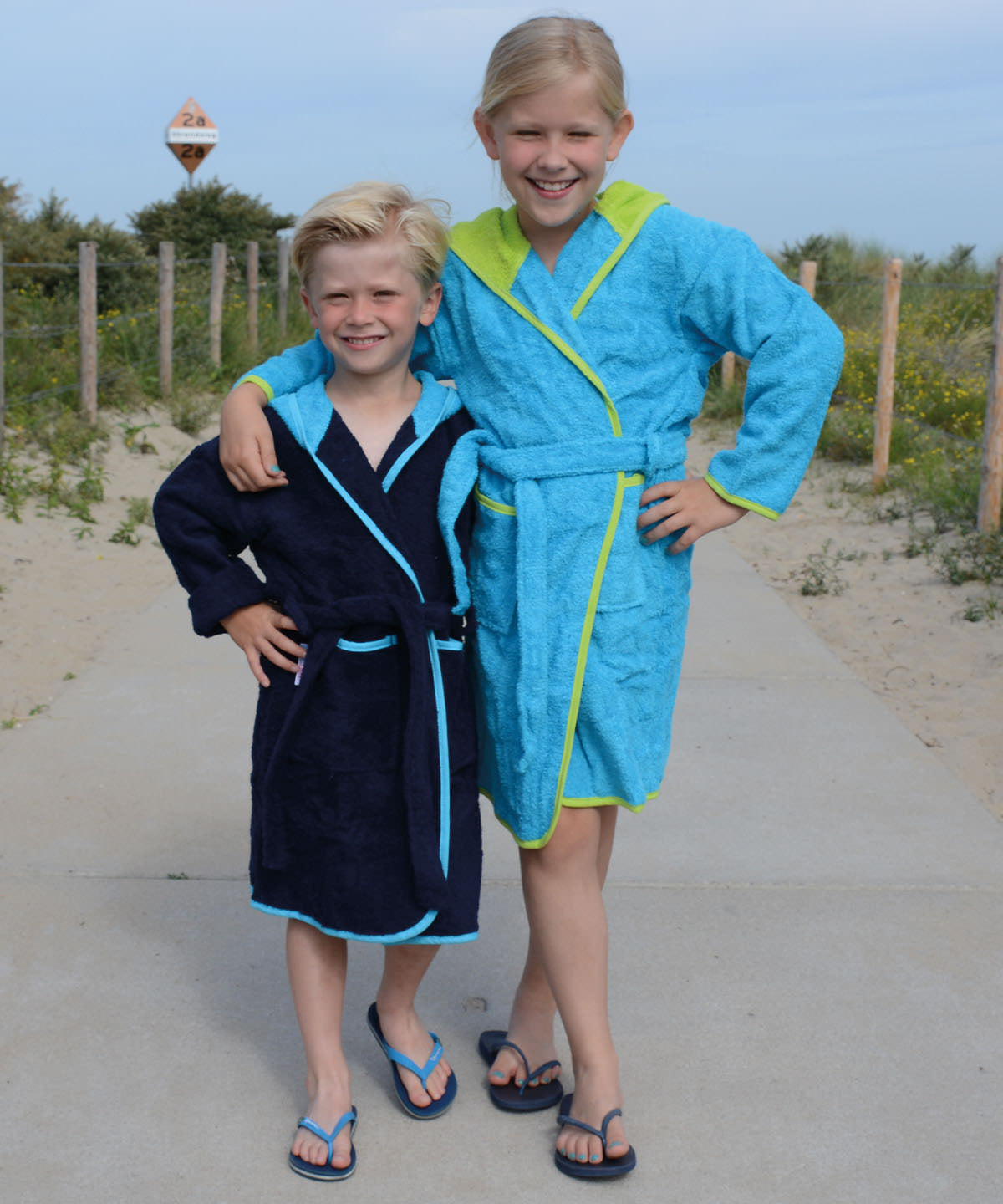 Kids Hooded Bathrobe - French Navy/Fire Red