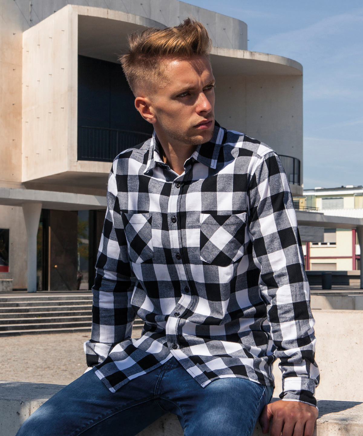 Long Cut Flannel Shirt  - Black/White