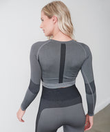 Seamless Long Sleeve Crop Top for Women - Light Grey/Black